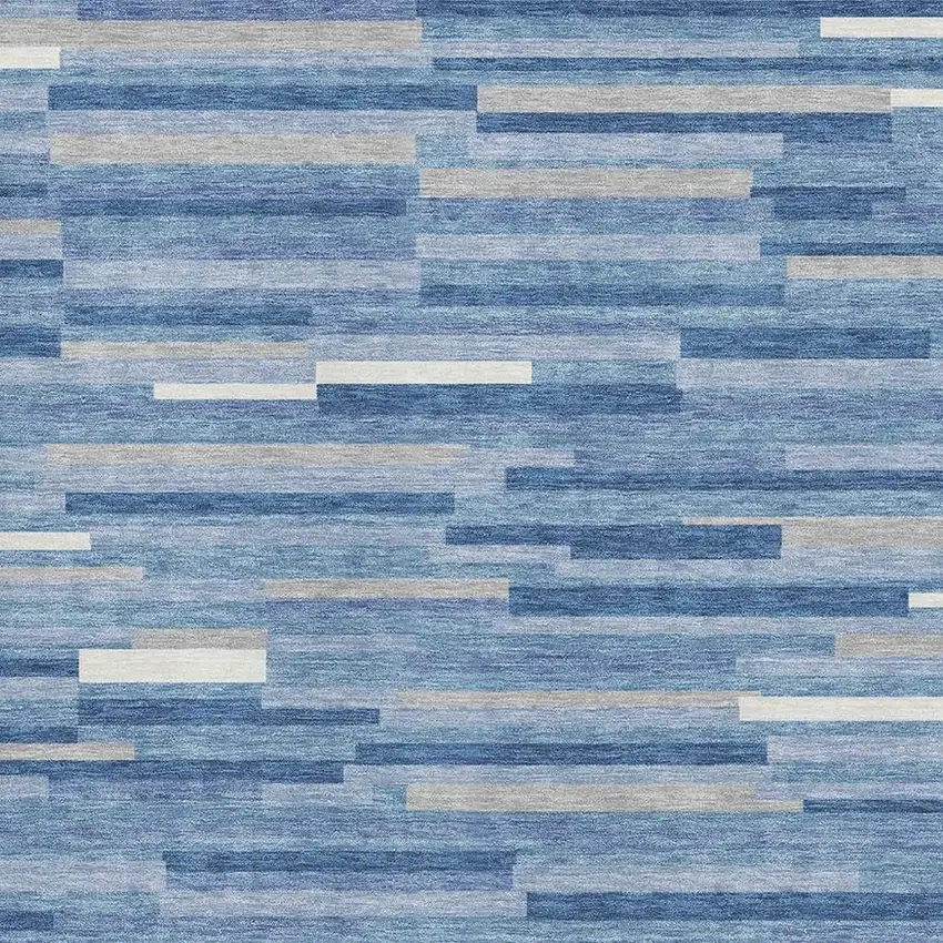 Sky Blue Ivory And Gray Striped Washable Area Rug With UV Protection Photo 3