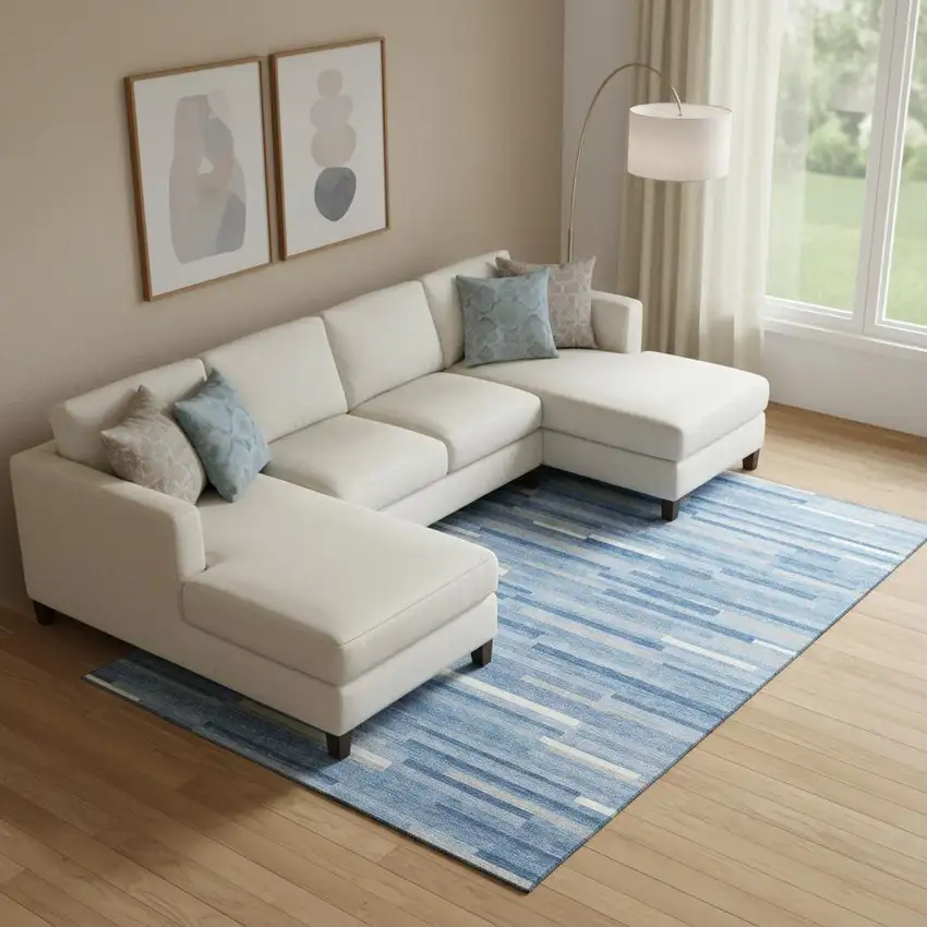 Sky Blue Ivory And Gray Striped Washable Area Rug With UV Protection Photo 1