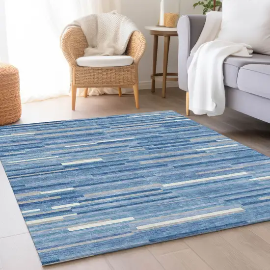 Sky Blue Ivory And Gray Striped Washable Area Rug With UV Protection Photo 5