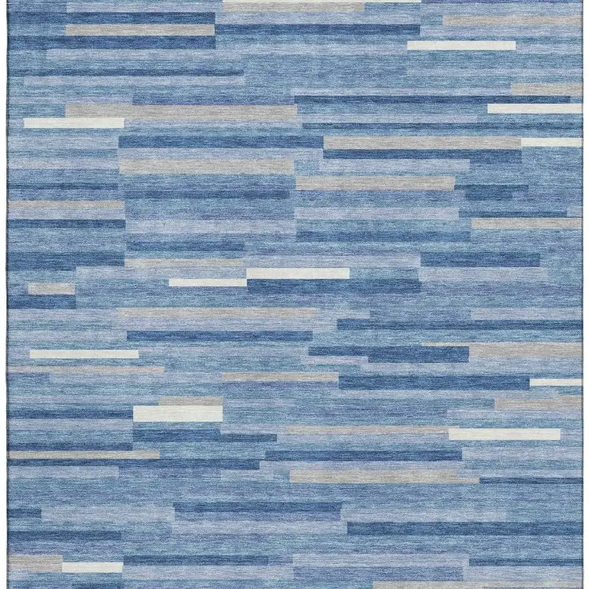 Sky Blue Ivory And Gray Striped Washable Area Rug With UV Protection Photo 3