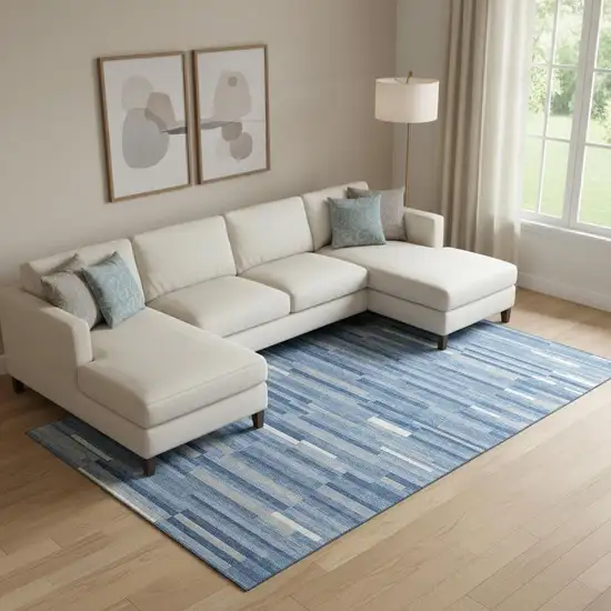 Sky Blue Ivory And Gray Striped Washable Area Rug With UV Protection Photo 1