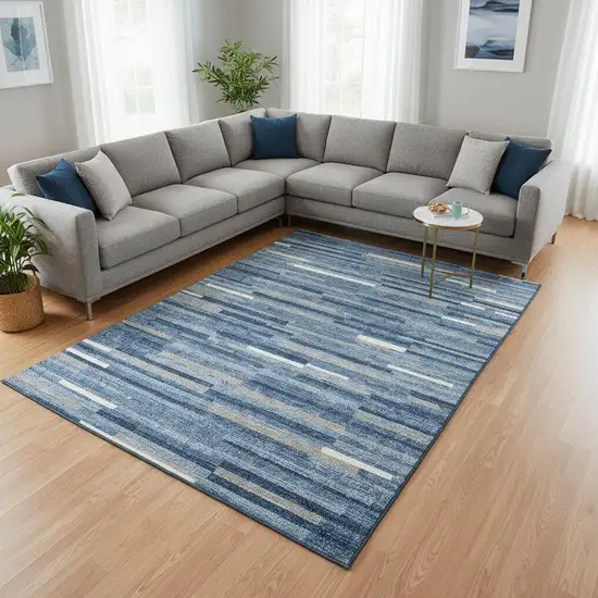 Sky Blue Ivory And Gray Striped Washable Area Rug With UV Protection Photo 2