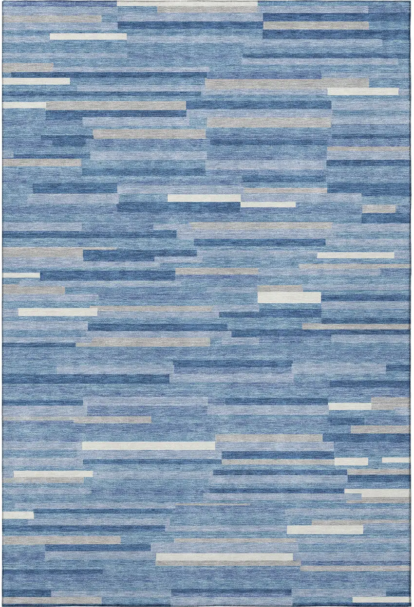 Sky Blue Ivory And Gray Striped Washable Area Rug With UV Protection Photo 4