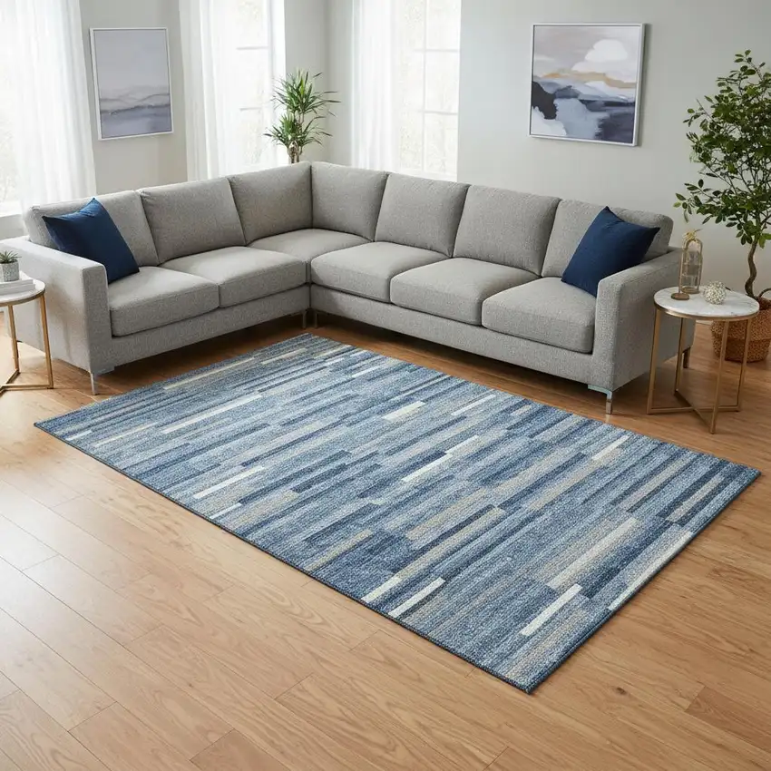 Sky Blue Ivory And Gray Striped Washable Area Rug With UV Protection Photo 2
