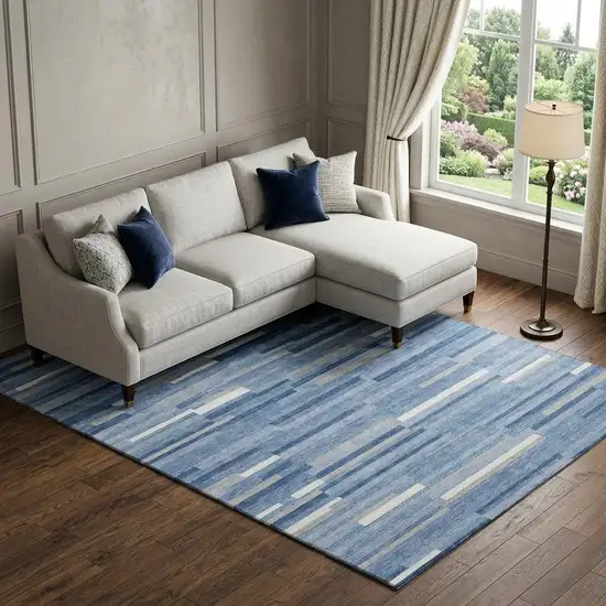 Sky Blue Ivory And Gray Striped Washable Area Rug With UV Protection Photo 1