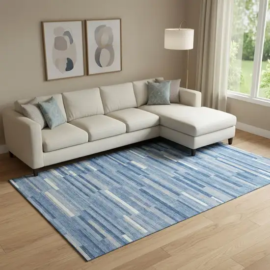 Sky Blue Ivory And Gray Striped Washable Area Rug With UV Protection Photo 1