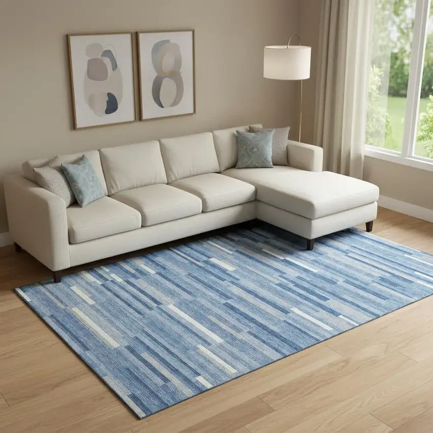 Sky Blue Ivory And Gray Striped Washable Area Rug With UV Protection Photo 1