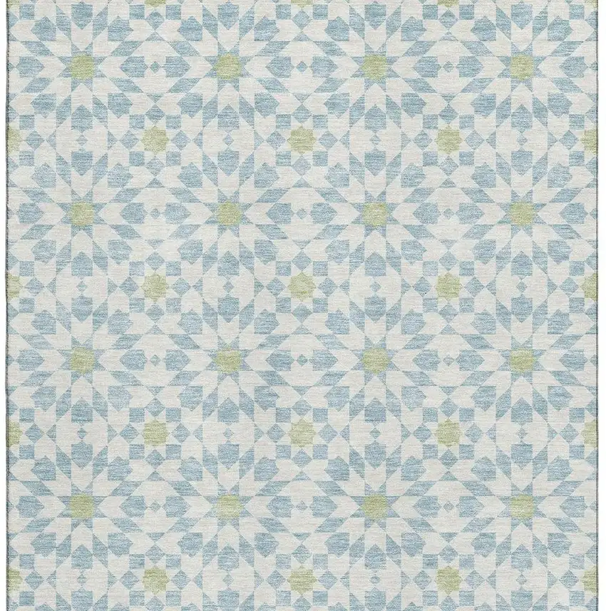 Sky Blue Ivory And Green Geometric Washable Area Rug With UV Protection Photo 3