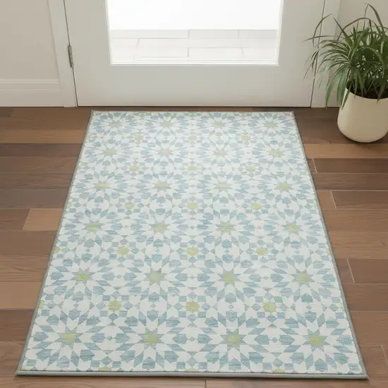 Sky Blue Ivory And Green Geometric Washable Area Rug With UV Protection Photo 2