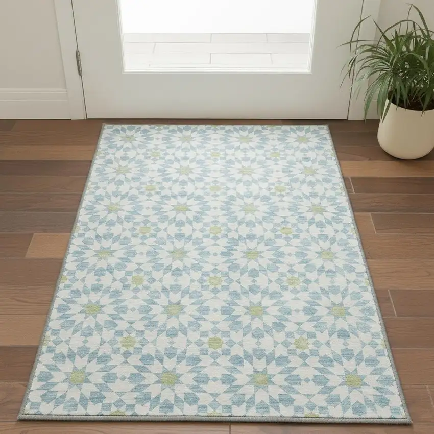 Sky Blue Ivory And Green Geometric Washable Area Rug With UV Protection Photo 2