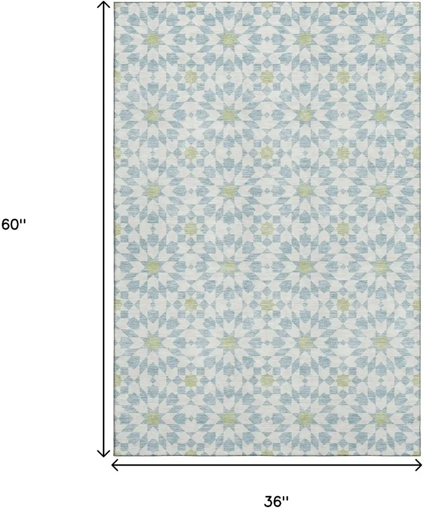 Sky Blue Ivory And Green Geometric Washable Area Rug With UV Protection Photo 3