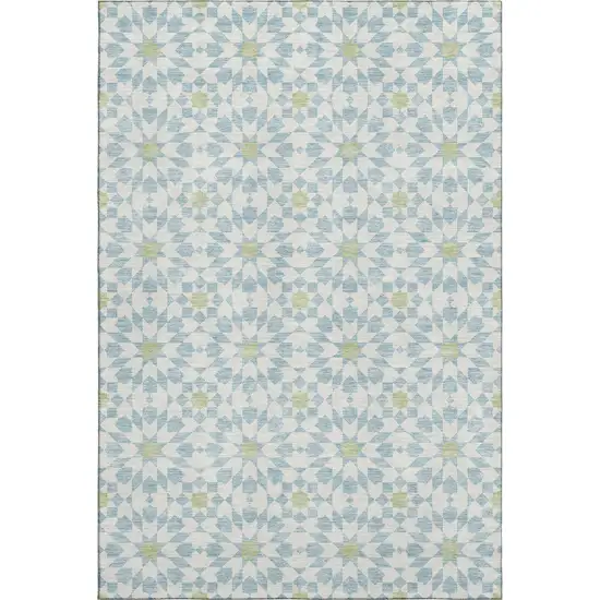 Sky Blue Ivory And Green Geometric Washable Area Rug With UV Protection Photo 1