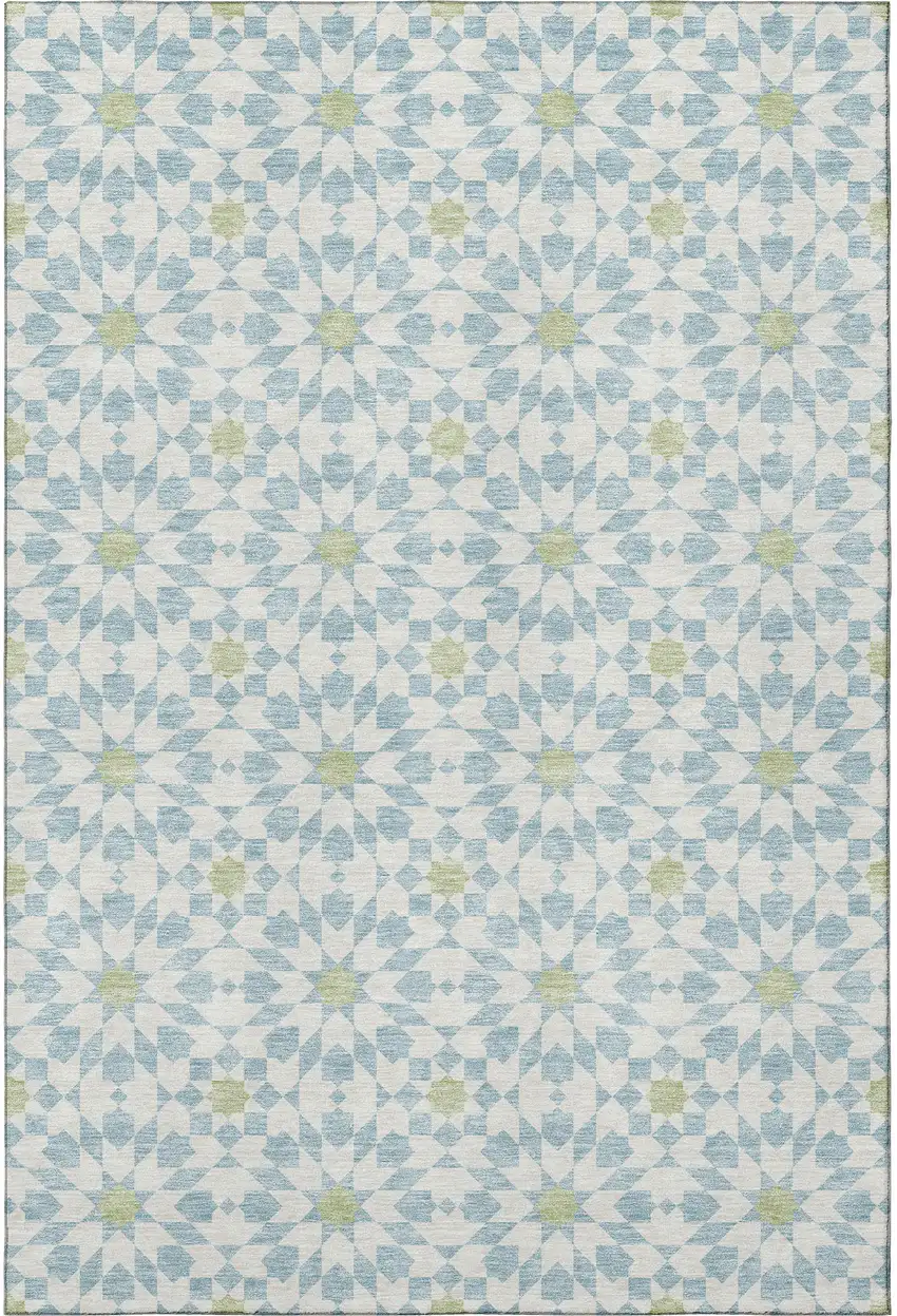Sky Blue Ivory And Green Geometric Washable Area Rug With UV Protection Photo 4