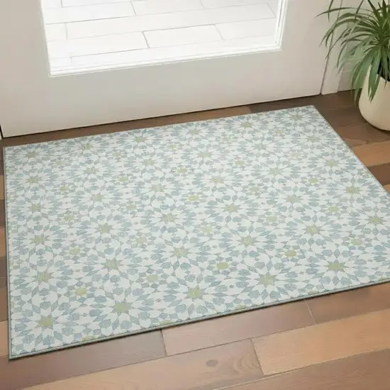 Sky Blue Ivory And Green Geometric Washable Area Rug With UV Protection Photo 1