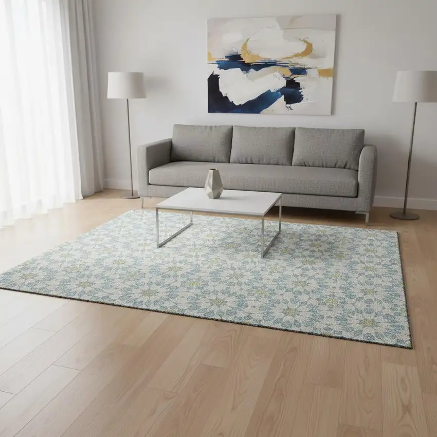 Sky Blue Ivory And Green Geometric Washable Area Rug With UV Protection Photo 2