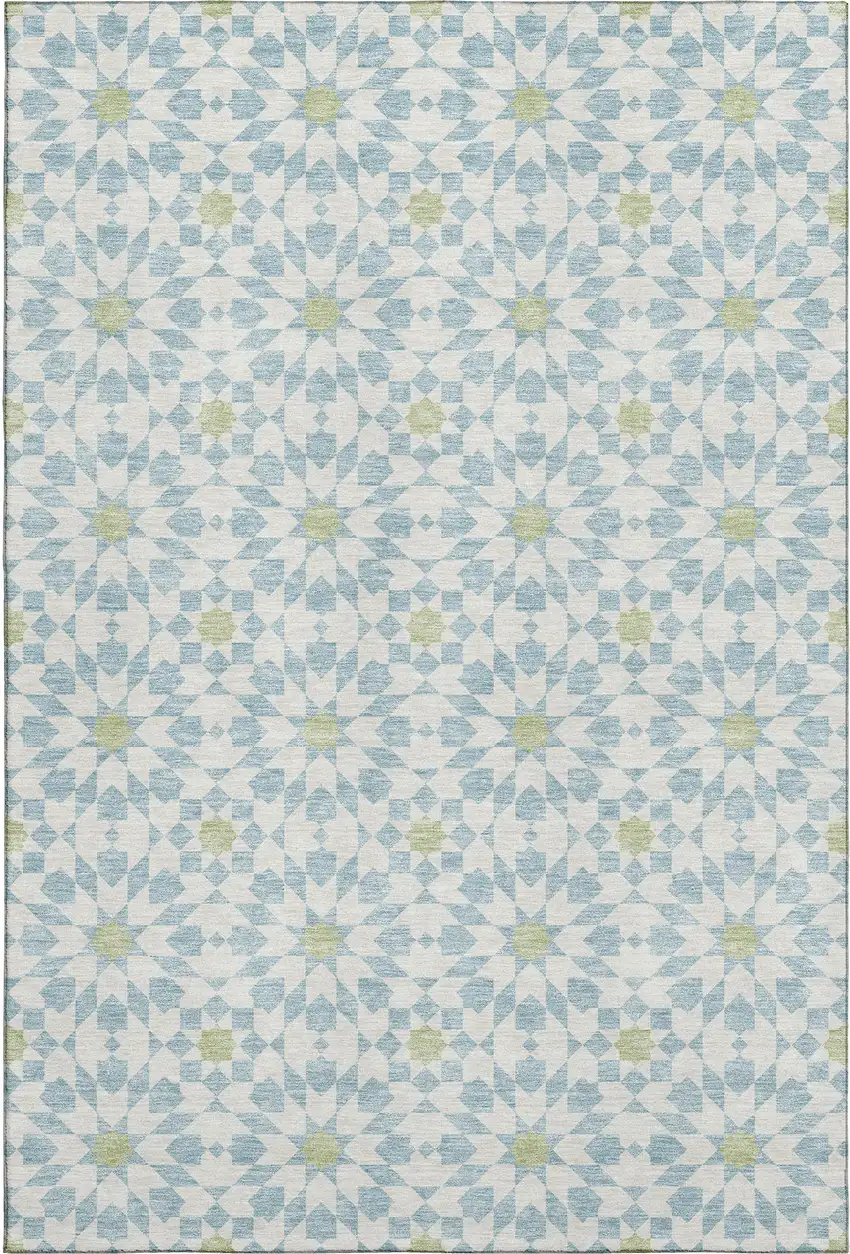 Sky Blue Ivory And Green Geometric Washable Area Rug With UV Protection Photo 1