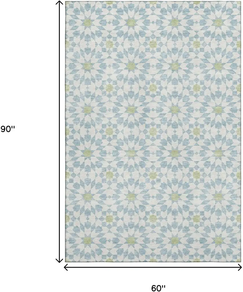 Sky Blue Ivory And Green Geometric Washable Area Rug With UV Protection Photo 3