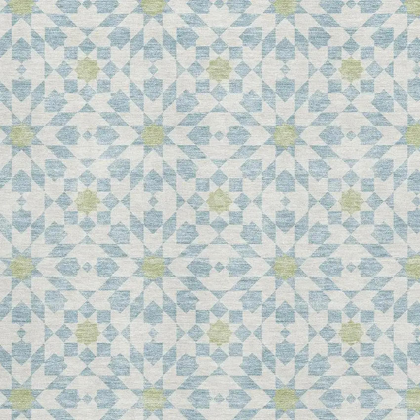 Sky Blue Ivory And Green Geometric Washable Area Rug With UV Protection Photo 3