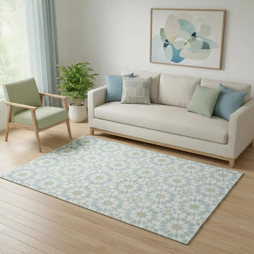 Sky Blue Ivory And Green Geometric Washable Area Rug With UV Protection Photo 1