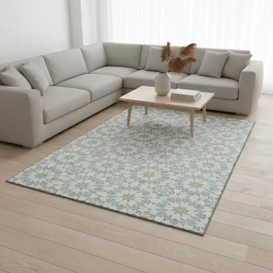 Sky Blue Ivory And Green Geometric Washable Area Rug With UV Protection Photo 2