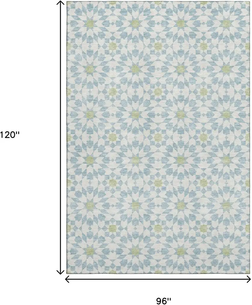 Sky Blue Ivory And Green Geometric Washable Area Rug With UV Protection Photo 3