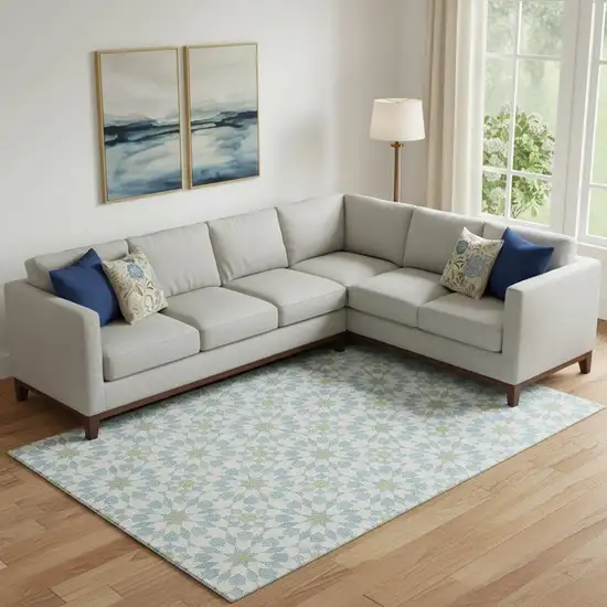 Sky Blue Ivory And Green Geometric Washable Area Rug With UV Protection Photo 1