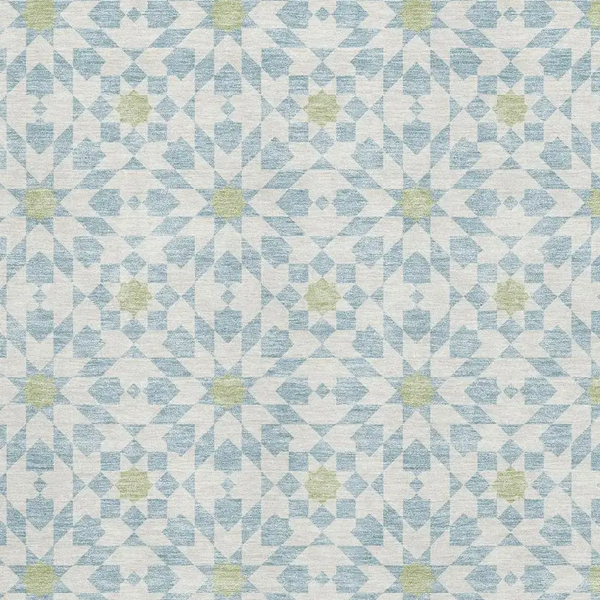 Sky Blue Ivory And Green Geometric Washable Area Rug With UV Protection Photo 3