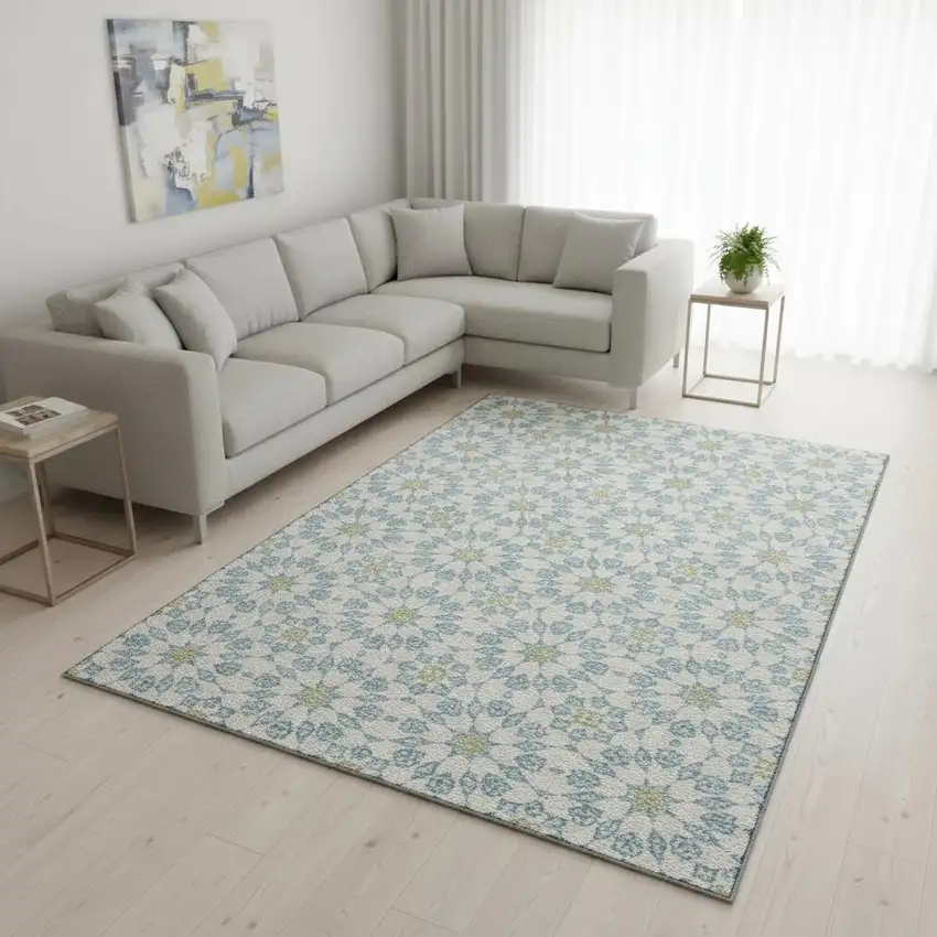 Sky Blue Ivory And Green Geometric Washable Area Rug With UV Protection Photo 2