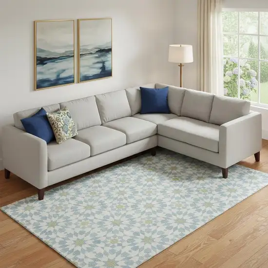 Sky Blue Ivory And Green Geometric Washable Area Rug With UV Protection Photo 1