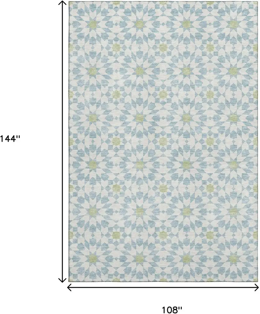Sky Blue Ivory And Green Geometric Washable Area Rug With UV Protection Photo 3