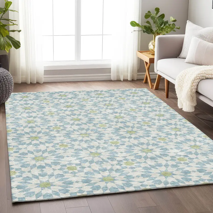 Sky Blue Ivory And Green Geometric Washable Area Rug With UV Protection Photo 5