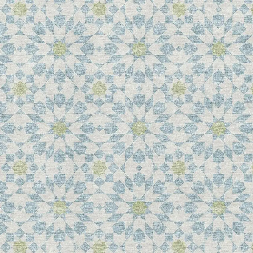 Sky Blue Ivory And Green Geometric Washable Area Rug With UV Protection Photo 3