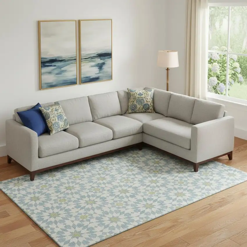 Sky Blue Ivory And Green Geometric Washable Area Rug With UV Protection Photo 1