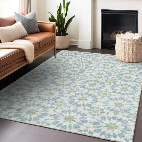 Sky Blue Ivory And Green Geometric Washable Area Rug With UV Protection Photo 6