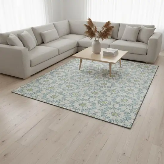 Sky Blue Ivory And Green Geometric Washable Area Rug With UV Protection Photo 2