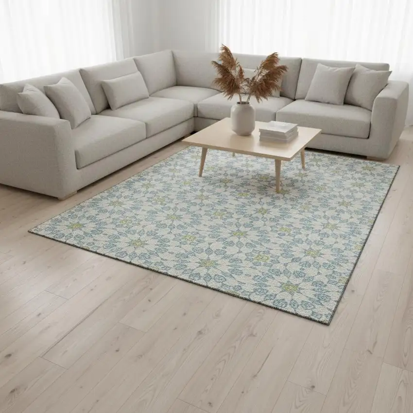 Sky Blue Ivory And Green Geometric Washable Area Rug With UV Protection Photo 2