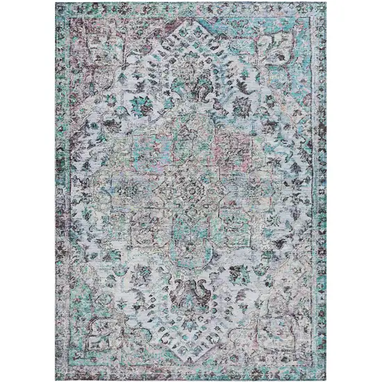 Sky Blue Ivory And Lavender Floral Medallion Washable Indoor Outdoor Area Rug Photo 3