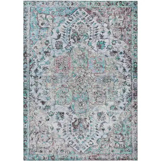 Sky Blue Ivory And Lavender Floral Medallion Washable Indoor Outdoor Area Rug Photo 1