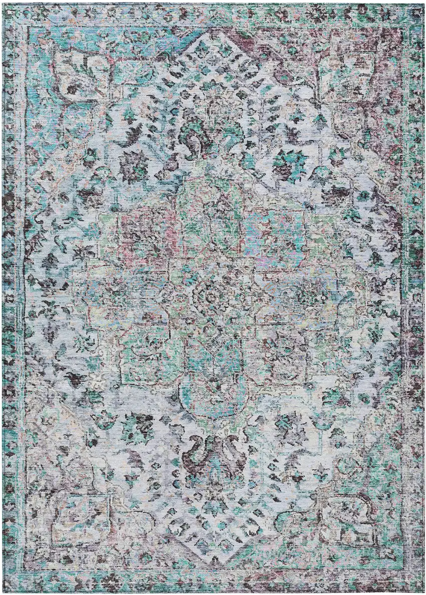 Sky Blue Ivory And Lavender Floral Medallion Washable Indoor Outdoor Area Rug Photo 1