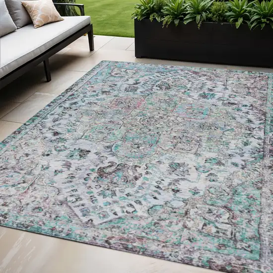 Sky Blue Ivory And Lavender Floral Medallion Washable Indoor Outdoor Area Rug Photo 2