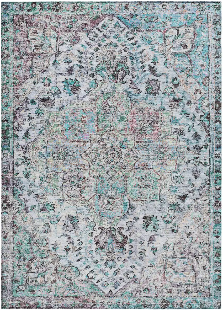 Sky Blue Ivory And Lavender Floral Medallion Washable Indoor Outdoor Area Rug Photo 3