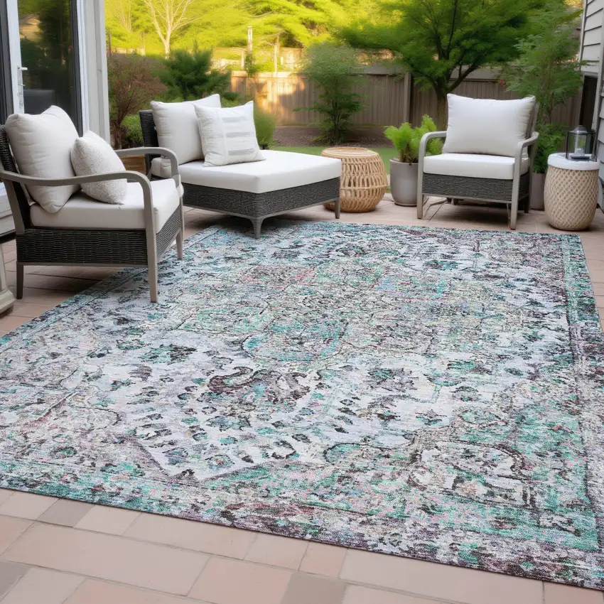 Sky Blue Ivory And Lavender Floral Medallion Washable Indoor Outdoor Area Rug Photo 9