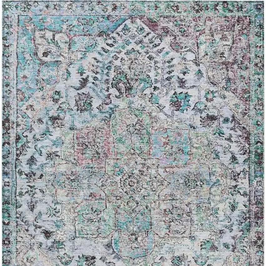 Sky Blue Ivory And Lavender Floral Medallion Washable Indoor Outdoor Area Rug Photo 6