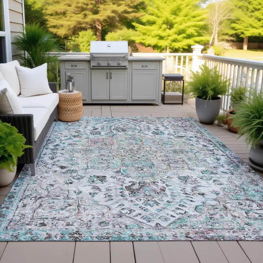 Sky Blue Ivory And Lavender Floral Medallion Washable Indoor Outdoor Area Rug Photo 7