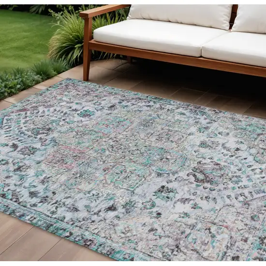 Sky Blue Ivory And Lavender Floral Medallion Washable Indoor Outdoor Area Rug Photo 2