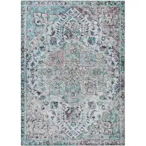Photo of Sky Blue Ivory And Lavender Floral Medallion Washable Indoor Outdoor Area Rug