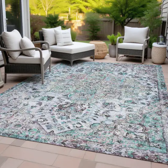 Sky Blue Ivory And Lavender Floral Medallion Washable Indoor Outdoor Area Rug Photo 8