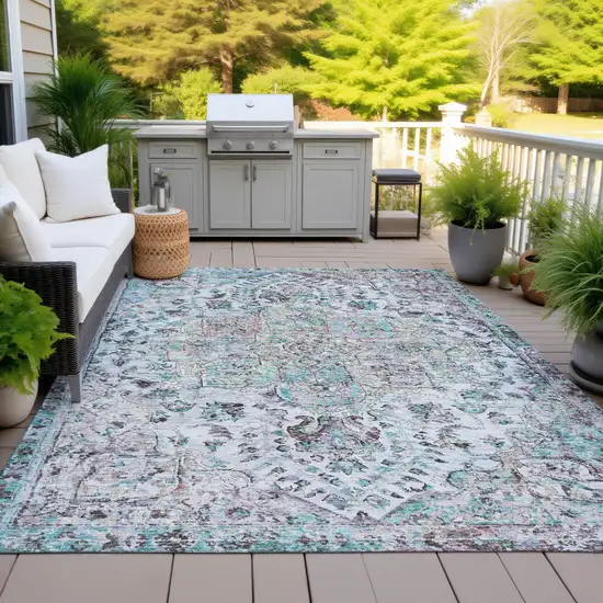 Sky Blue Ivory And Lavender Floral Medallion Washable Indoor Outdoor Area Rug Photo 7