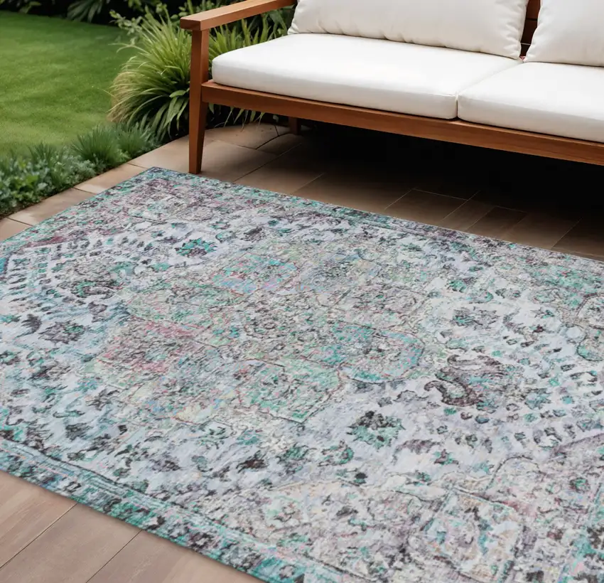Sky Blue Ivory And Lavender Floral Medallion Washable Indoor Outdoor Area Rug Photo 2