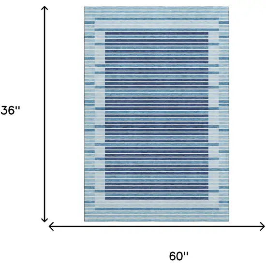 Sky Blue Ivory And Navy Blue Striped Washable Area Rug With UV Protection Photo 3